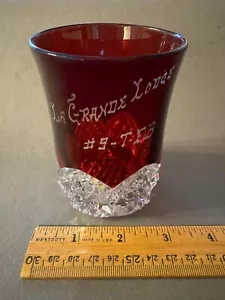 EAPG RUBY STAINED LA GRANDE LODGE #9 T.F.B. ETCHED ANTIQUE GLASS CUP TUMBLER - Picture 1 of 5