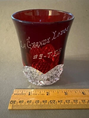 EAPG RUBY STAINED LA GRANDE LODGE #9 T.F.B. ETCHED ANTIQUE GLASS CUP TUMBLER - Image 1 of 4