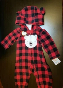 MÄDCHEN KLEINKIND CARTER'S BÜFFEL KARIERT BÄR KAPUZE JUMPSUIT GRÖSSE 3 MONATE LS REISSVERSCHLUSS - Bild 1 von 10
