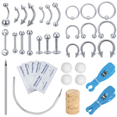 Kit de piercing profissional 42 peças aço inoxidável orelha nariz barriga lábio conjunto de joias - Imagem 1 de 4