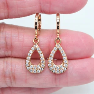 18K Yellow Gold Filled Women Clear Topaz Hollow Teardrop Loop Earrings Jewelry - Picture 1 of 1
