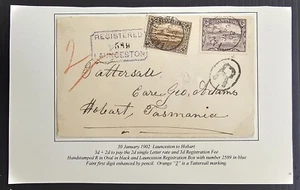1902 Tasmania Australia Reg Cover ties 2 stamps cd Launceston-Hobart - Picture 1 of 3