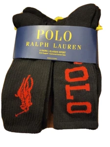 Polo Ralph Lauren 4 Pair Classic Sport Men's Socks Black with Red Logo - Picture 1 of 6