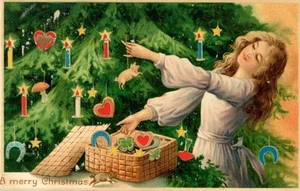 RARE~HOLD TO LIGHT~HTL ANTIQUE POSTCARD~PRETTY GIRL ~LIGHTED CHRISTMAS TREE - Picture 1 of 2