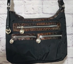 Bolso Bandolera Brighton Negro Nylon Marrón Cocodrilo Charol Bolsillos 8x12x3 - Imagen 1 de 15