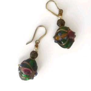 Vintage Green Floral Art Glass Dangle Earrings - Picture 1 of 5