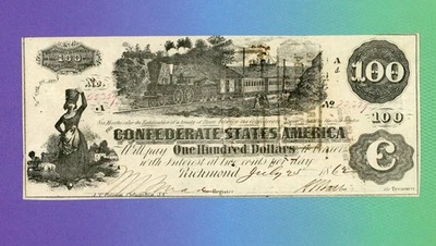 T -39 1862  $100 DOLLARS CSA CONFEDERATE STATES OF AMERICA  UNCIRCULATED RARE - Image 1 of 2
