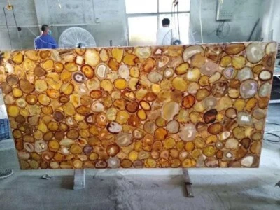 Yellow Agate Stone Counter Top Table Top Gemstone Handmade Furniture Home Decors - Image 1 of 4