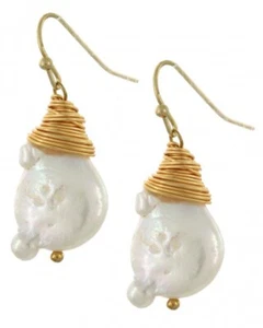 NEW Gold Tone Wire Wrapped AB Iridescent Pearl Baroque Style Dangle Earrings - Picture 1 of 1
