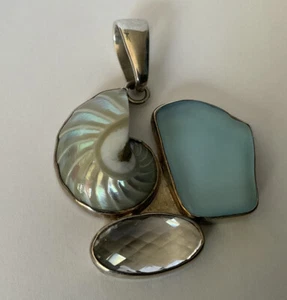 Charles Albert Sterling Silver Nautilus Shell Sea Glass Facetted Crystal Pendant - Picture 1 of 4