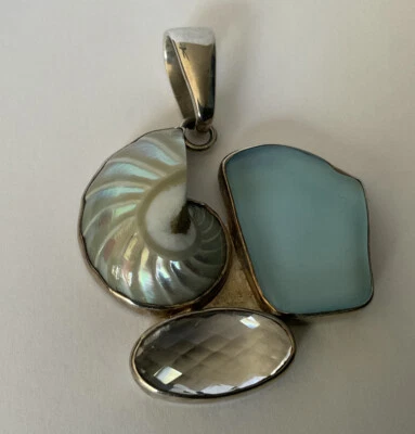 Charles Albert Sterling Silver Nautilus Shell Sea Glass Facetted Crystal Pendant - Image 1 of 4