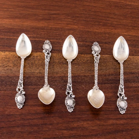 5 GERMAN ROCOCO 800 SILVER DEMITASSE SPOONS PUTTI W/ SHIELD & FLORALS NO MONO Cover