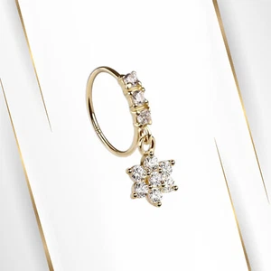 14K Solid Gold 20G Crystal Dangle CZ Flower Dangling Bendable Nose Hoop Ring 8mm - Picture 1 of 8