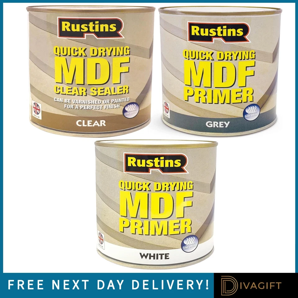 RUSTINS QUICK DRY MDF PRIMER SEALER WHITE GREY UNDER COAT PAINT 250ML 500ML NEW - Image 1 of 4