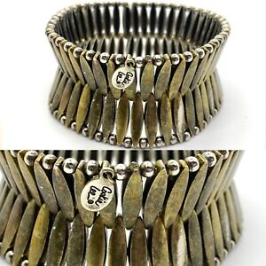 8” Cookie Lee Brass Silver Tone Stretchy 1.25” Wide Bracelet Retro Boho