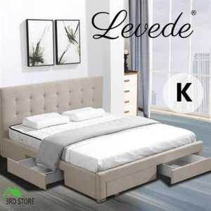 Levede Bed Frame KING Fabric With Drawers Storage Wooden Mattress Beige - Picture 1 of 12