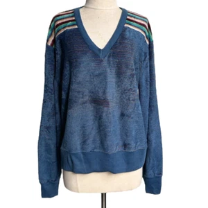 70s vintage velour rainbow v-neck longsleeve sweatshirt fuzzy striped varsity - Picture 1 of 10