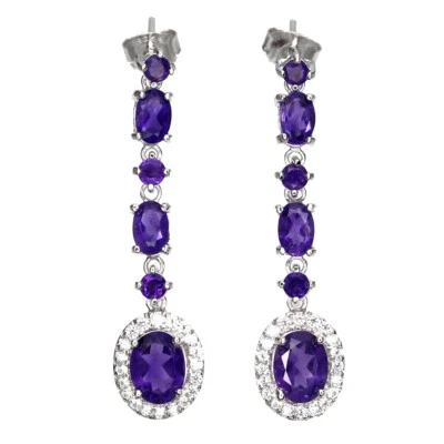 Orecchini In Argento Sterling 925 Ovali In Ametista 8x6mm Simulato Cz Gioielli - Immagine 1 di 4