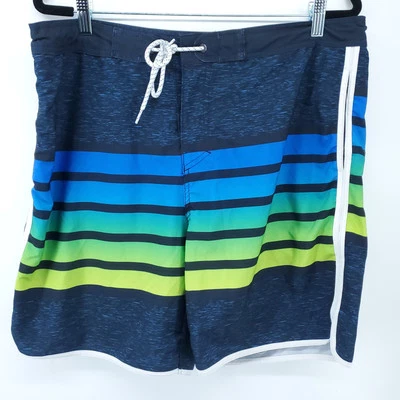 Ocean Current 条纹海军蓝至黄色长袍游泳抽绳短裤 38 — 第 1/4 张图片