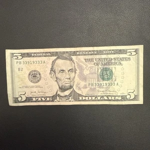 $5 Note Trinary Semi Radar PB 33919333 A - Picture 1 of 2
