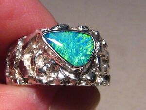 Men's Opal  Ring ,  Sterling silver , thick Nugget texture , Size 11 3/4
