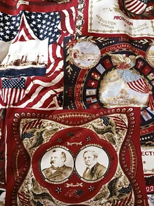 Vtg Home Textiles Linen Blend Fabric Patriotic Presidential Historic Prints Toba - Picture 1 of 16
