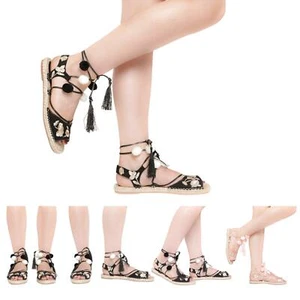 Womens Ladies Espadrilles Sandals Ankle Lace Up Summer Party Beach Platforms - Picture 1 of 9