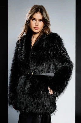 Runway 1.8.1.8 Black Faux Fur Coat Womens Going Out Jackets & Coats
