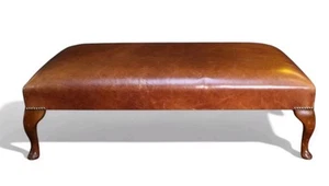 Stunning Large Antique Victorian Oak Cabriole Legged Tan Leather Footstool Del๐ - Picture 1 of 14