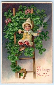 1908 era HAPPY NEW YEAR CHERUB CHAMPAGNE HORSESHOE LADDER SHAMROCKS POSTCARD #2 - Picture 1 of 2