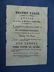 FOGLIO VOLANTE AVVISO TEATRO VALLE-ROMA1834-DE ROSSI-UNA VEDOVA COME TUTTE.... - Foto 1 di 2