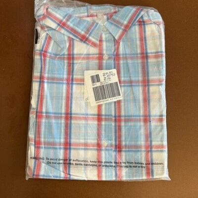 NEW Woman Within Short Sleeve Button Down Shirt Red White Blue Plaid NEW Size 3X - Image 1 of 3