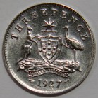 AUSTRALIE 3 PENCE 1927 KING GEORGE V KANGAROO EMU PIÈCE DU MONDE ARGENT 