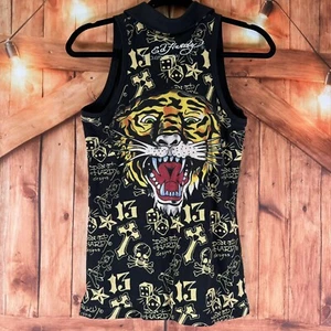 ED HARDY Christian Audigier Tank Top Women's Small Black Tiger Graphic Bedazzled - Picture 1 of 6