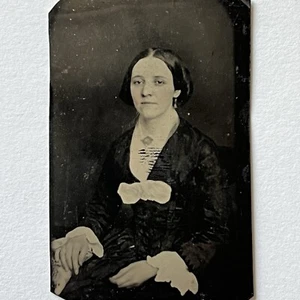 Antique Tintype Photograph Beautiful Stoic Fashionable Woman Fantastic Hair - Picture 1 of 8