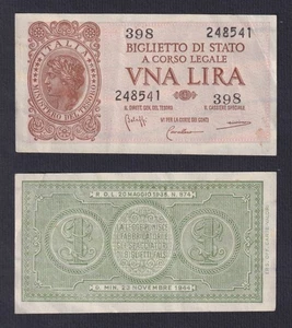 Banconota Italia 1 lira Laureata 1944 P.-29b BB/VF - Imagen 1 de 1