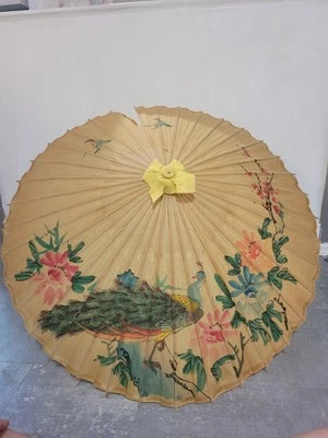 Vintage Hand Painted Japanese Bamboo Rice Paper Wood Umbrella Parasol 34” - Image 1 of 4