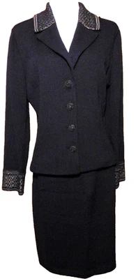 St. John Noche Negro Santana Tejido CONJUNTO Falda, Chaqueta Mujer Traje Acentos Dorados ~ 10 Foto 1 de 4