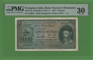 PORTUGUESE INDIA 5 RUPIAS 1945 PICK # 35 PMG 30 VERY FINE - Picture 1 of 2
