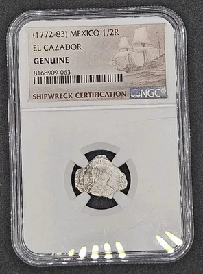 1772-1783 Mexico 1/2 Real El Cazador | NGC Genuine Shipwreck Certification - Image 1 of 4