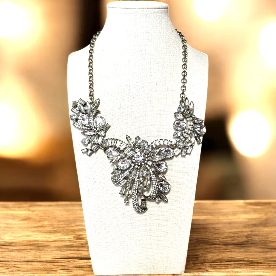 J. CREW 复古厚青铜透明水晶围兜声明项链 JC544 — 第 1/4 张图片