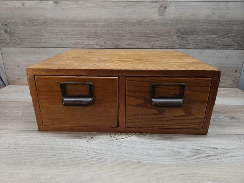 EUC Antique Oak Globe Wernicke 2 Drawer Card File Cabinet Catalog Index Recipe Cover