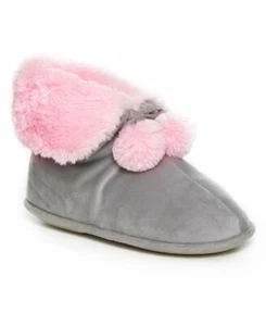 PLÜSCH-BOOTIE-HAUSSCHUHE: GUMMISOHLE, BEQUEM, WEICHES GRAU MIT ZARTROSA BESATZ 5/6 - Bild 1 von 1