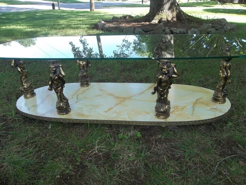 Vintage Hollywood Regency Faux Marble, Metal Cherub & Glass Top Coffee Table Cover