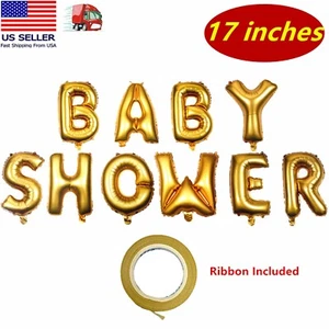 17" Inch Foil Baby Shower Gold Balloons, Gold Ribbon Included, Party Supplies - Picture 1 of 3