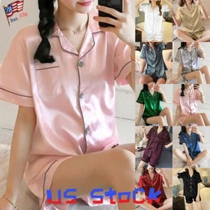 Women Satin Silk Pyjamas PJs Set Ladies Short Sleeve Button Nightwear Sleepwear - Picture 1 of 27