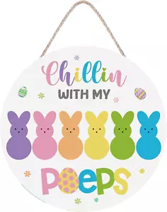 Easter Wreaths for Front Door, Peeps Easter Decorations Bunny Wooden Happy Door - Picture 1 of 12