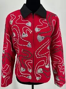 Chaqueta Anage Mujer Plateada Metálica Cuentas Corazones Novedad Talla Grande Rojo Algodón - Imagen 1 de 14