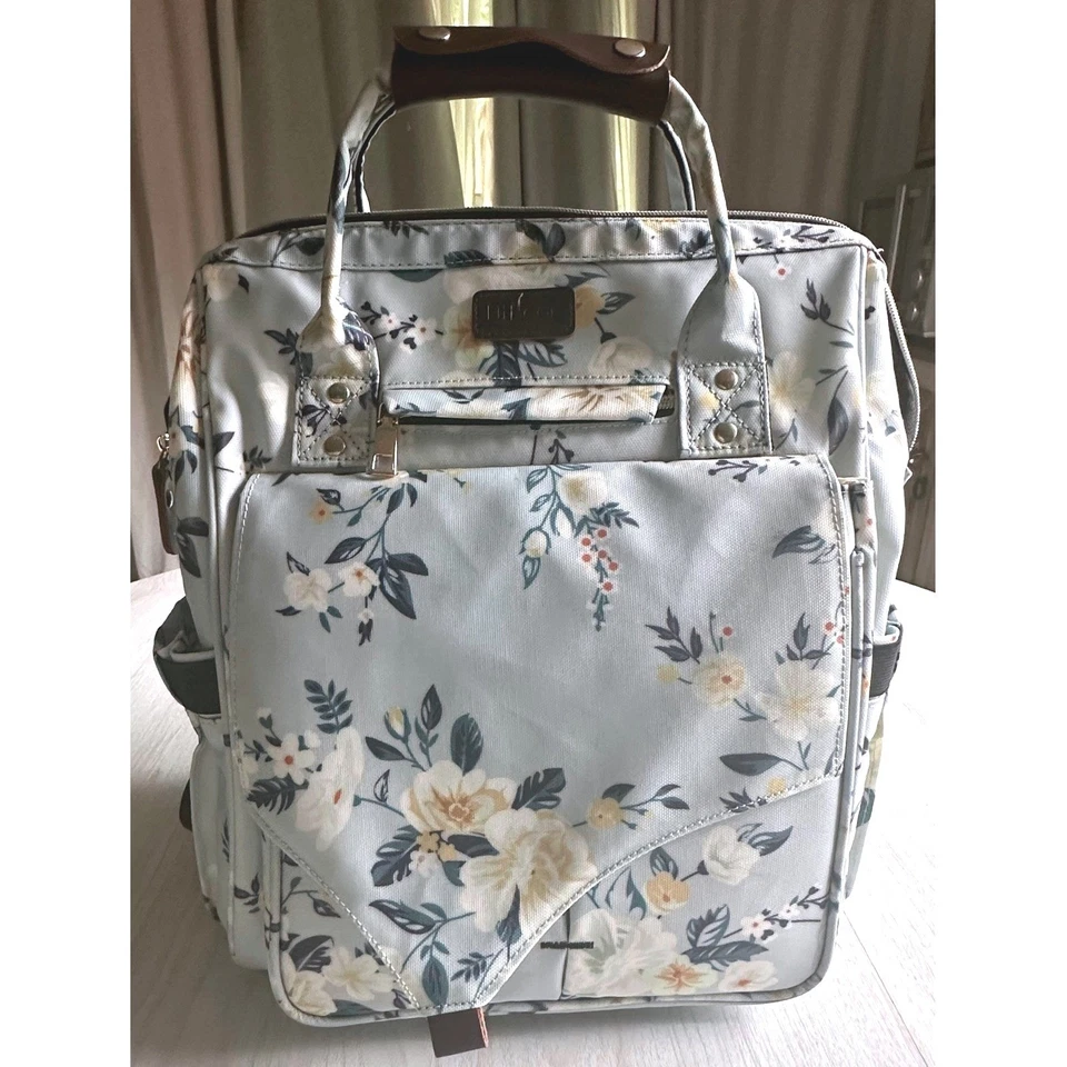 LitBear Light Blue Floral Diaper Bag Multiple Compartments Full Zip Backpack NEW - Image 1 of 4