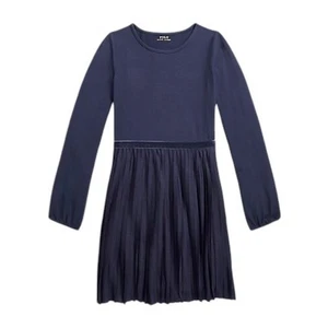 NWT Polo Ralph Lauren Blue Little Girls Velvet-Trim Pleated Jersey Dress Size L - Picture 1 of 13